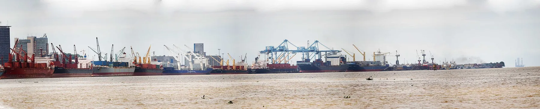 The Douala berth line from the Wouri: conventional quays and the container gantries at the far end